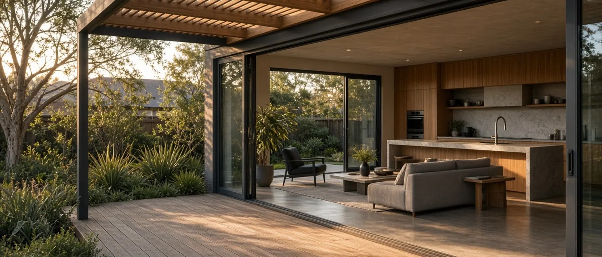 Outdoor timber deck and pergola connected to an open-plan Melbourne kitchen and living area