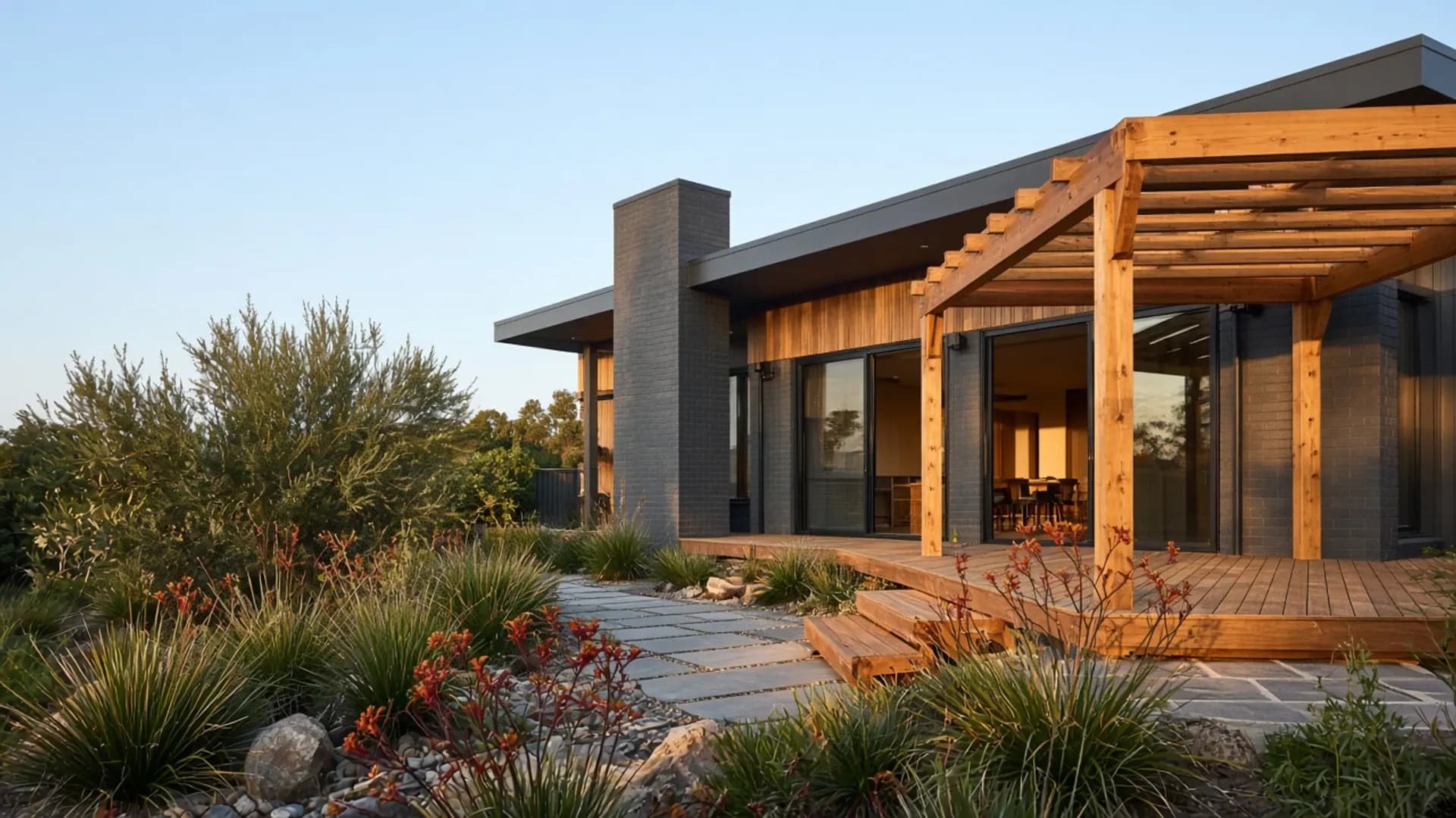 Modern Melbourne home with custom timber pergola and outdoor entertaining deck
