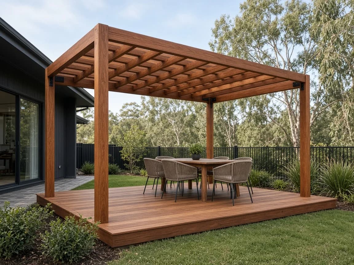 Finished timber pergola and decking at an Australian residential home